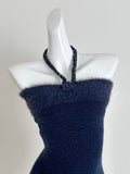 Navy Blue Fuzzy Knit Halter Neck Mini Dress