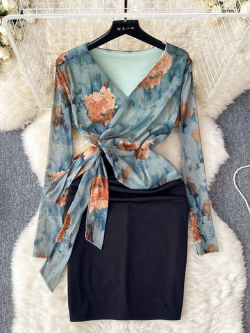 Classic Black Skirt Floral Wrap Dress