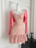 Ruffled Hem Cardigan Pink Floral Print Spaghetti Strap Mini Dress