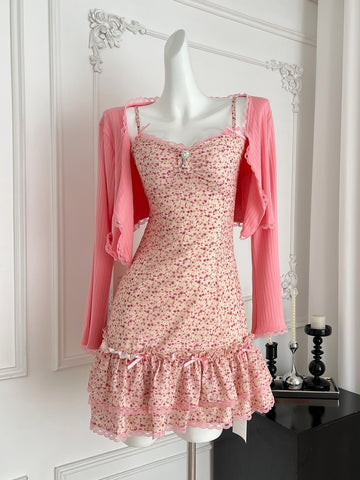 Ruffled Hem Cardigan Pink Floral Print Spaghetti Strap Mini Dress
