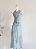 Light Blue & White Striped Halter Midi Dress