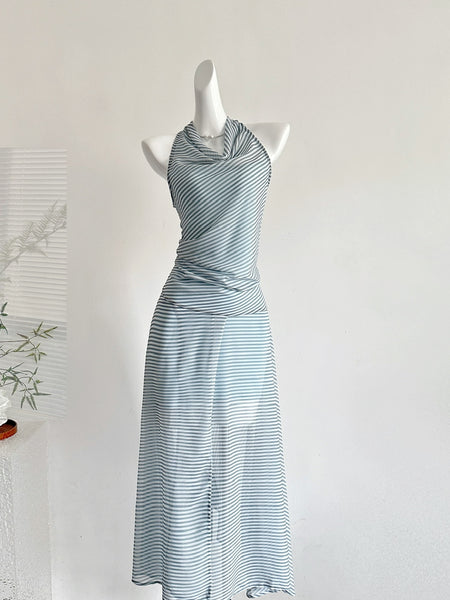 Light Blue & White Striped Halter Midi Dress