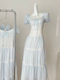 Charming Blue Lace Puff Sleeve Maxi Dress