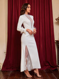 Diamond Deep V Feather Slit Banquet Party Dress