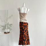 Floral Print Midi Skirt Sheer Lace Cami Top Set
