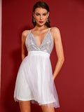 Silver Sequin Bodice Tulle Skirt Party Dress