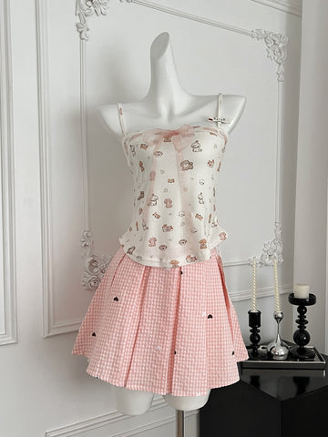 Cute Cartoon Print Camisole & Gingham Skirt Set