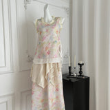 Pastel Floral Print Sleeveless Top & Skirt Set