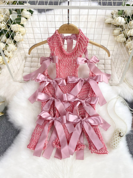 Satin Ribbon Accents Pink Knit Dress