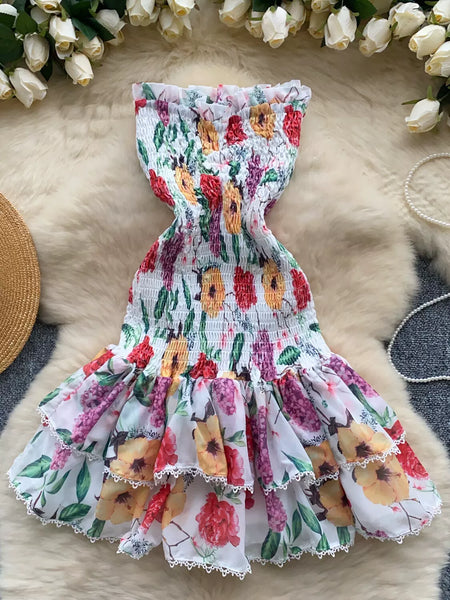 Ruffled Hem Vibrant Print Floral Smocked Dress