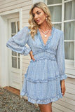 Blue Long Sleeve Tiered Skirt V-Neck Floral Dress