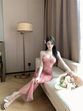 Spice lace stitching gauze printed suspender dress