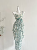 Beaded Waist Floral Print Spaghetti Strap Maxi Dress