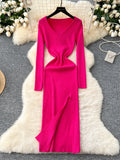 Flattering V-Neck Slit Vibrant Orange Knit Dress