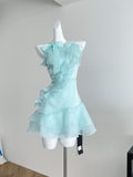 Layered Ruffles Asymmetric Light Blue Dress
