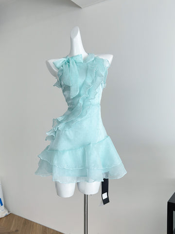 Layered Ruffles Asymmetric Light Blue Dress