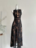 Elegant Sleeveless High Neck Lace Midi Dress