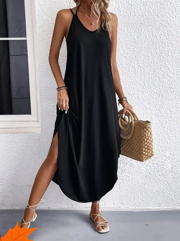 Classic Adjustable Straps Black Midi Dress
