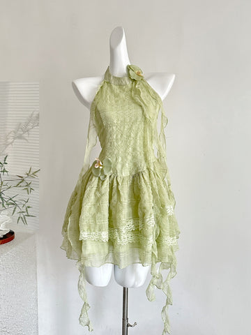 Unique Light Green Halter Neck Ruffled Mini Dress