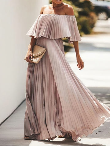 Summer Off Shoulder Pleats Chiffon Maxi Dress