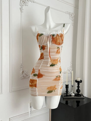 Floral Print Lace Trimmed Straps Ruched Bodycon Mini Dress