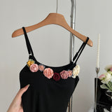 Floral Embellishments Flared Hem Black Dress