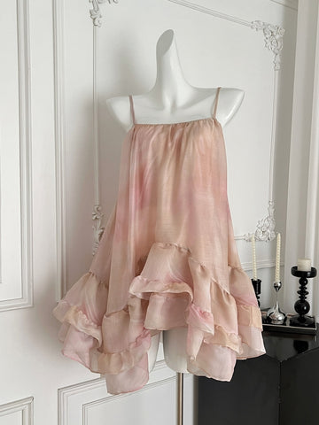 Romantic Ombre Pink Ruffled Spaghetti Strap Dress
