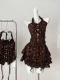Ruffle & Lace Brown Two Piece Floral Halter Dress