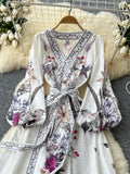 Adjustable Waist Puff Sleeves Lavender Wrap Dress
