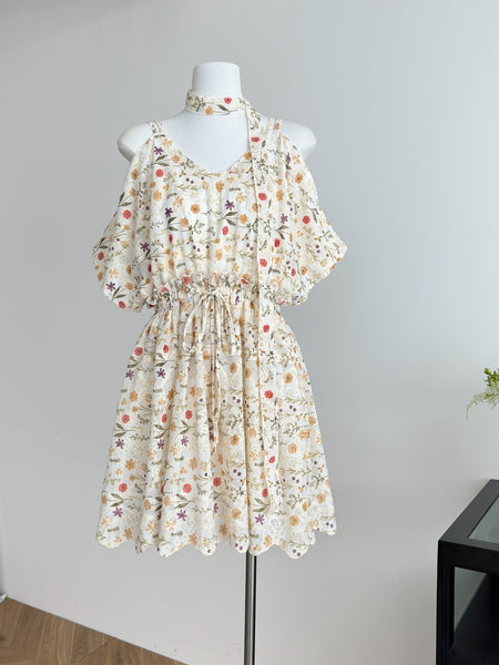 Boho Summer Floral Halter Cold Shoulder Dress