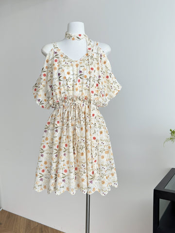 Boho Summer Floral Halter Cold Shoulder Dress