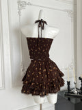 Ruffle & Lace Brown Two Piece Floral Halter Dress