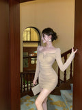 Pure square neck gauze long sleeve nail drill slim dress
