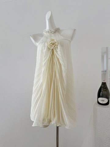 Floral Pleated Halter Neck Ivory Dress