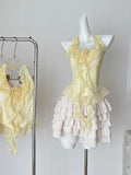 Ruffled Floral Yellow Halter Top Skirt Set
