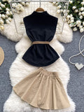 Black Denim Top Beige Skirt Two-Piece Outfit