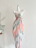 Beaded Waist Floral Print Spaghetti Strap Maxi Dress