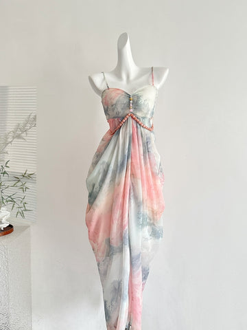 Beaded Waist Floral Print Spaghetti Strap Maxi Dress