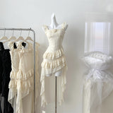 Champagne Asymmetrical Hem Floral Ruffle Dress