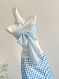 Chic Blue & White A Line Bow Front Skirt Set