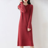 Elegant Cozy Long Sleeves Taupe Pleated Midi Sweater Dress