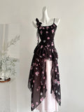 Ruffled Asymmetric Black Floral Print Dress