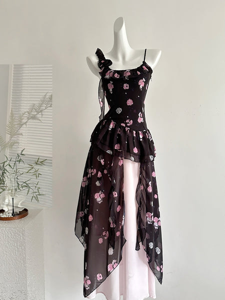 Ruffled Asymmetric Black Floral Print Dress
