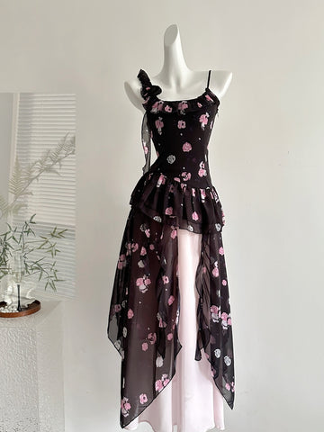 Ruffled Asymmetric Black Floral Print Dress