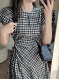 High-End Hollow Out Design Plaid Puff Sleeve Dress