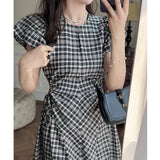 High-End Hollow Out Design Plaid Puff Sleeve Dress