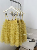 Spaghetti Straps Yellow Tulle Ruffle Dress