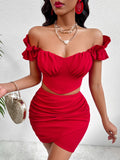 Red Off-Shoulder Top and Skirt Set