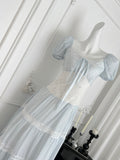 Charming Blue Lace Puff Sleeve Maxi Dress