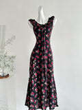 Ruffled Black Floral Print Maxi Dress
